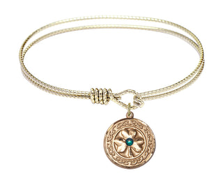 7 1/4 inch Oval Eye Hook Hamilton Gold Bangle Bracelet with a 14kt Gold Filled Shamrock with Celtic Border charm.