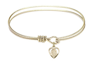 7 1/4 inch Oval Eye Hook Hamilton Gold Bangle Bracelet with a 14kt Gold Filled Guardian Angel charm. Engraved Catholic Saint Jewelry