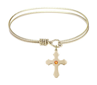 7 1/4 inch Oval Eye Hook Hamilton Gold Bangle Bracelet with a 14kt Gold Filled Cross charm.