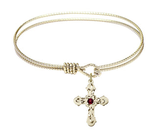 7 1/4 inch Oval Eye Hook Hamilton Gold Bangle Bracelet with a 14kt Gold Filled Cross charm. Engraved Catholic Saint Jewelry