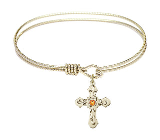 7 1/4 inch Oval Eye Hook Hamilton Gold Bangle Bracelet with a 14kt Gold Filled Cross charm. Engraved Catholic Saint Jewelry