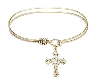 7 1/4 inch Oval Eye Hook Hamilton Gold Bangle Bracelet with a 14kt Gold Filled Cross charm. Engraved Catholic Saint Jewelry