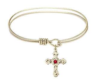 7 1/4 inch Oval Eye Hook Hamilton Gold Bangle Bracelet with a 14kt Gold Filled Cross charm. Engraved Catholic Saint Jewelry
