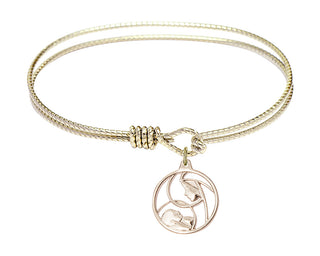 7 1/4 inch Oval Eye Hook Hamilton Gold Bangle Bracelet with a 14kt Gold Filled Madonna and Child charm.