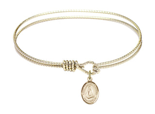 7 1/4 inch Oval Eye Hook Hamilton Gold Bangle Bracelet with a 14kt Gold Filled Saint Frances Cabrini charm. Engraved Catholic Saint Jewelry