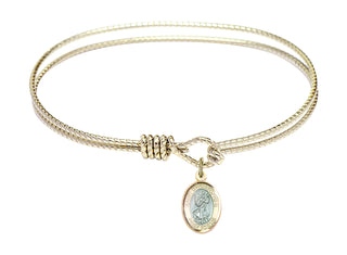 7 1/4 inch Oval Eye Hook Hamilton Gold Bangle Bracelet with a 14kt Gold Filled Saint Christopher charm. Engraved Catholic Saint Jewelry