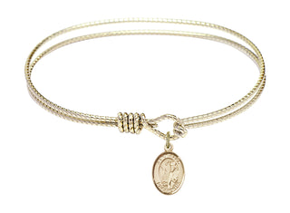 7 1/4 inch Oval Eye Hook Hamilton Gold Bangle Bracelet with a 14kt Gold Filled Saint Elmo charm. Engraved Catholic Saint Jewelry