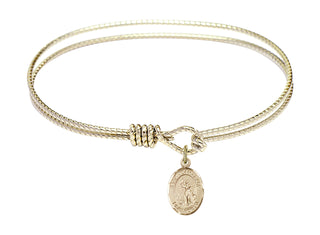 7 1/4 inch Oval Eye Hook Hamilton Gold Bangle Bracelet with a 14kt Gold Filled Saint Joan of Arc charm. Engraved Catholic Saint Jewelry