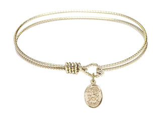 7 1/4 inch Oval Eye Hook Hamilton Gold Bangle Bracelet with a 14kt Gold Filled Saint Michael the Archangel charm. Engraved Catholic Saint Jewelry