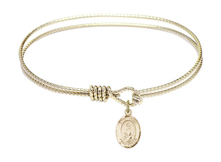7 1/4 inch Oval Eye Hook Hamilton Gold Bangle Bracelet with a 14kt Gold Filled Saint Louis charm. Engraved Catholic Saint Jewelry