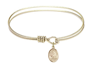 7 1/4 inch Oval Eye Hook Hamilton Gold Bangle Bracelet with a 14kt Gold Filled Saint Bonaventure charm. Engraved Catholic Saint Jewelry