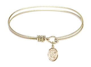 7 1/4 inch Oval Eye Hook Hamilton Gold Bangle Bracelet with a 14kt Gold Filled Saint Raymond Nonnatus charm. Engraved Catholic Saint Jewelry