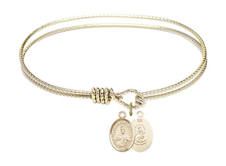 7 1/4 inch Oval Eye Hook Hamilton Gold Bangle Bracelet with a 14kt Gold Filled Scapular charm. Engraved Catholic Saint Jewelry