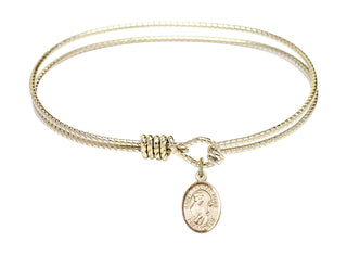 7 1/4 inch Oval Eye Hook Hamilton Gold Bangle Bracelet with a 14kt Gold Filled Saint Thomas More charm. Engraved Catholic Saint Jewelry