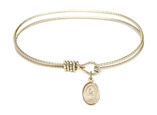 7 1/4 inch Oval Eye Hook Hamilton Gold Bangle Bracelet with a 14kt Gold Filled Our Lady of la Vang charm. Engraved Catholic Saint Jewelry
