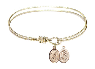7 1/4 inch Oval Eye Hook Hamilton Gold Bangle Bracelet with a 14kt Gold Filled Saint Sebastian/Basketball charm.
