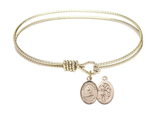 7 1/4 inch Oval Eye Hook Hamilton Gold Bangle Bracelet with a 14kt Gold Filled Saint Sebastian/Skiing charm.