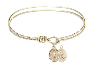 7 1/4 inch Oval Eye Hook Hamilton Gold Bangle Bracelet with a 14kt Gold Filled Our Lady of Guadalupe charm. Engraved Catholic Saint Jewelry