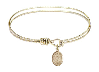 7 1/4 inch Oval Eye Hook Hamilton Gold Bangle Bracelet with a 14kt Gold Filled Infant of Prague charm. Engraved Catholic Saint Jewelry
