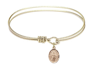 7 1/4 inch Oval Eye Hook Hamilton Gold Bangle Bracelet with a 14kt Gold Filled Saint Petronilla charm. Engraved Catholic Saint Jewelry