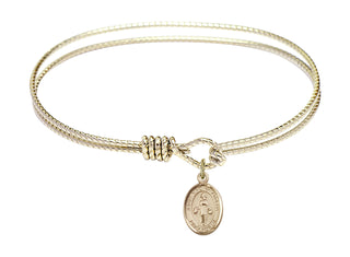 7 1/4 inch Oval Eye Hook Hamilton Gold Bangle Bracelet with a 14kt Gold Filled Saint Nino de Atocha charm. Engraved Catholic Saint Jewelry