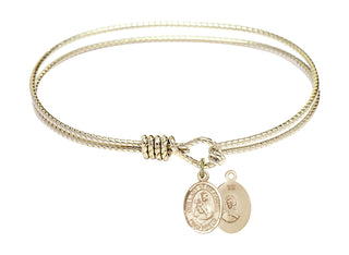 7 1/4 inch Oval Eye Hook Hamilton Gold Bangle Bracelet with a 14kt Gold Filled Our Lady of Mount Carmel charm.