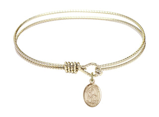 7 1/4 inch Oval Eye Hook Hamilton Gold Bangle Bracelet with a 14kt Gold Filled Saint Isabella of Portugal charm. Engraved Catholic Saint Jewelry