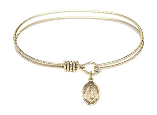 7 1/4 inch Oval Eye Hook Hamilton Gold Bangle Bracelet with a 14kt Gold Filled Blessed Karolina Kozkowna charm. Engraved Catholic Saint Jewelry