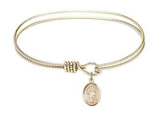 7 1/4 inch Oval Eye Hook Hamilton Gold Bangle Bracelet with a 14kt Gold Filled Saint Aedan of Ferns charm. Engraved Catholic Saint Jewelry