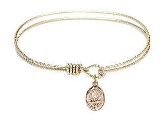 7 1/4 inch Oval Eye Hook Hamilton Gold Bangle Bracelet with a 14kt Gold Filled Saint Rosalia charm. Engraved Catholic Saint Jewelry