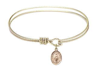 7 1/4 inch Oval Eye Hook Hamilton Gold Bangle Bracelet with a 14kt Gold Filled Virgin of the Globe charm. Engraved Catholic Saint Jewelry