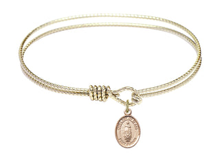 7 1/4 inch Oval Eye Hook Hamilton Gold Bangle Bracelet with a 14kt Gold Filled Our Lady of Tears charm. Engraved Catholic Saint Jewelry