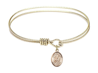 7 1/4 inch Oval Eye Hook Hamilton Gold Bangle Bracelet with a 14kt Gold Filled Saint Polycarp of Smyrna charm. Engraved Catholic Saint Jewelry