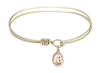 7 1/4 inch Oval Eye Hook Hamilton Gold Bangle Bracelet with a 14kt Gold Filled Blessed Herman the Cripple charm. Engraved Catholic Saint Jewelry