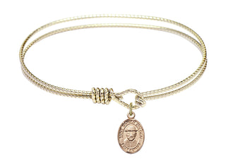 7 1/4 inch Oval Eye Hook Hamilton Gold Bangle Bracelet with a 14kt Gold Filled Saint Damien of Molokai charm. Engraved Catholic Saint Jewelry