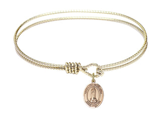 7 1/4 inch Oval Eye Hook Hamilton Gold Bangle Bracelet with a 14kt Gold Filled Our Lady of Kibeho charm. Engraved Catholic Saint Jewelry
