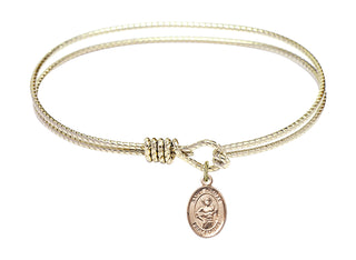 7 1/4 inch Oval Eye Hook Hamilton Gold Bangle Bracelet with a 14kt Gold Filled Saint Dismas charm. Engraved Catholic Saint Jewelry