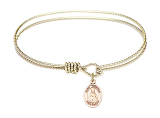7 1/4 inch Oval Eye Hook Hamilton Gold Bangle Bracelet with a 14kt Gold Filled Saint Winifred of Wales charm. Engraved Catholic Saint Jewelry