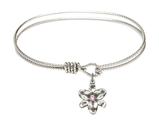 7 1/4 inch Oval Eye Hook Rhodium Bangle Bracelet with a Sterling Silver Chastity charm.