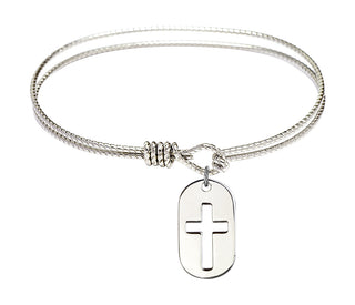 7 1/4 inch Oval Eye Hook Rhodium Bangle Bracelet with a Sterling Silver Cross Dog Tag charm.