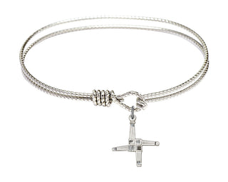7 1/4 inch Oval Eye Hook Rhodium Bangle Bracelet with a Sterling Silver Saint Brigid Cross charm.