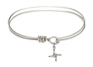 7 1/4 inch Oval Eye Hook Rhodium Bangle Bracelet with a Sterling Silver Saint Brigid Cross charm.