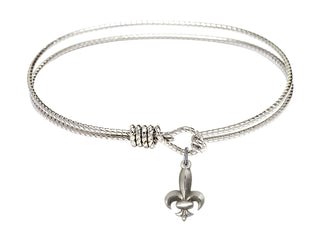 7 1/4 inch Oval Eye Hook Rhodium Bangle Bracelet with a Sterling Silver Fleur de Lis charm.