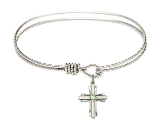 7 1/4 inch Oval Eye Hook Rhodium Bangle Bracelet with a Sterling Silver Cross charm.