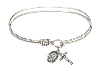 7 1/4 inch Oval Eye Hook Rhodium Bangle Bracelet with a Sterling Silver Crucifix charm.