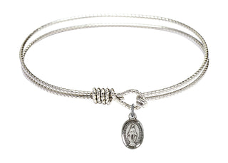 7 1/4 inch Oval Eye Hook Rhodium Bangle Bracelet with a Sterling Silver Miraculous charm.