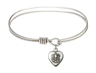 7 1/4 inch Oval Eye Hook Rhodium Bangle Bracelet with a Sterling Silver Heart / Communion charm.