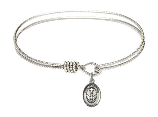 7 1/4 inch Oval Eye Hook Rhodium Bangle Bracelet with a Sterling Silver Confirmation charm.