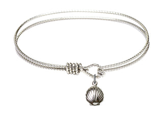 7 1/4 inch Oval Eye Hook Rhodium Bangle Bracelet with a Sterling Silver Shell charm.
