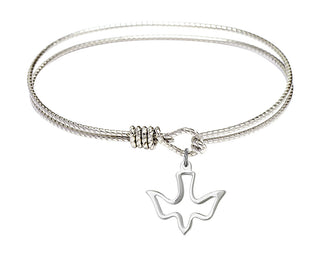 7 1/4 inch Oval Eye Hook Rhodium Bangle Bracelet with a Sterling Silver Holy Spirit charm.